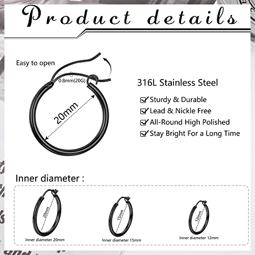 Jstyle 3 Pairs Stainless Steel Hoop Earrings Set for Women Mens Black Silver Gold Small Hoop Earring, Lightweight Click-Top Hoops Piercing 10-20MM2