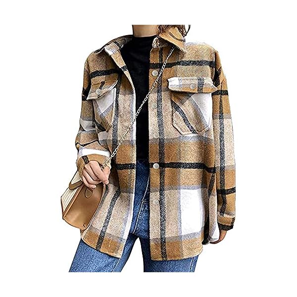 Womens-Casual-Flannel-Wool-Blend-Plaid-Lapel-Button-Down-Long-Sleeve-Shacket-Jacket-Coat-Winter-Loose-Oversize-Shirts BOUTIKOME Womens Plaid Shacket Button Down Long Sleeve Shirt Coat Fall Winter Flannel Jacket Loose Shirts(Khaki, Medium)