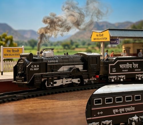 Image of VU Toys Small Rail Gadi Train Set for Kids (3+ Years) | Rechargeable Engine with Coal & Passenger Coach | Water Smoke, Hindi Music, Lights & Sound | C-Type Charging | 10 Round Tracks (Black)