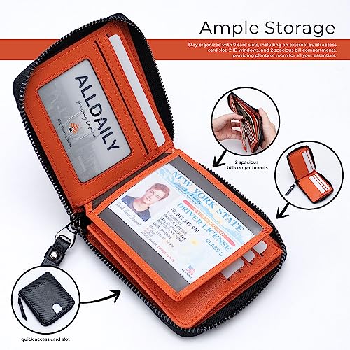Image of Alldaily RFID Blocking Wallets for Men with Zipper Bifold RFID Card Holder (Black & Orange)
