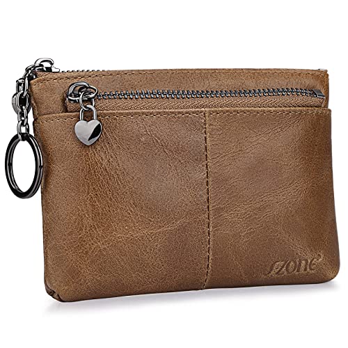 S-ZONE Genuine Leather Coin Purse Women Small Change Wallet Pouch Card Holder with Keychain Gift Box