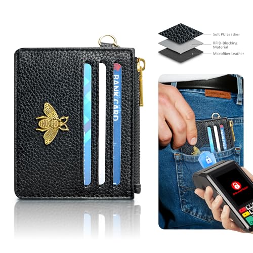 Image of SEAVILIA Card Holder Keychain Wallet for Women with ID Window RFID Coin Purse Bee Gifts Slim Minimalist Small Wallet