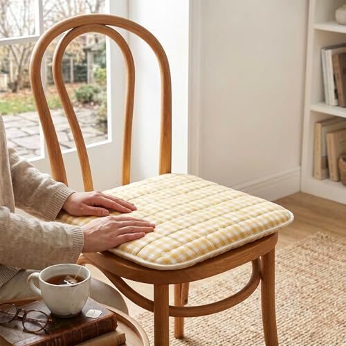 Cojines para silla a cuadros de algodón lavable color amarillo con lazos estables 3