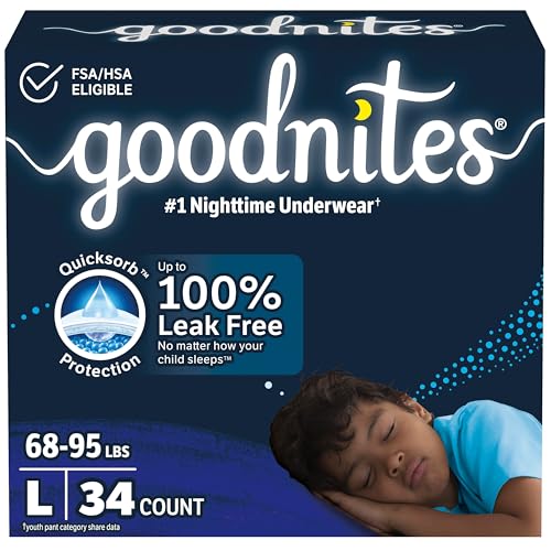 Image of Goodnites Boys' Nighttime Bedwetting Underwear, Size Large (68-95 lbs), 34 Ct (2 Packs of 17), Packaging May Vary