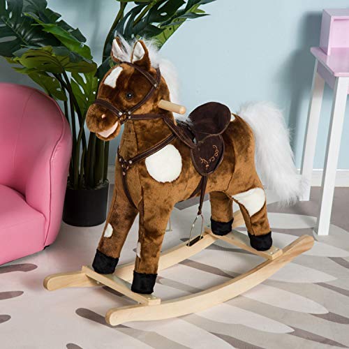 Qaba Kids Metal Plush Ride-On Rocking Horse Chair Toy with Nursery Rhyme Music - Dark Brown - Image 3