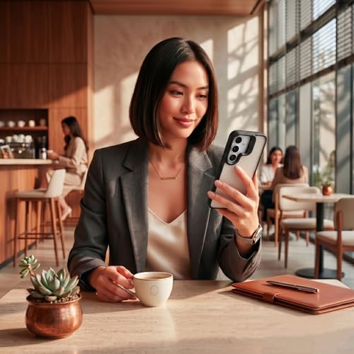 Image of amazon basics Frosted Matte Case for Samsung Galaxy S24 5G | Built-in Flip-Out Camera Lens Stand | Translucent Back with Contrast Black Bumper | Shockproof Protective Cover with Foldable Kickstand