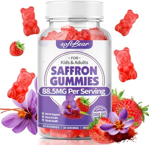 softbear Saffron Gummies for Kids & Adults, 10-in-1 Organic Saffron Supplements with 88.5mg Saffron Extract Support Calm Mind & Focus & Zzz, Sugar Free/Non-GMO, Strawberry Flavor 60 Count