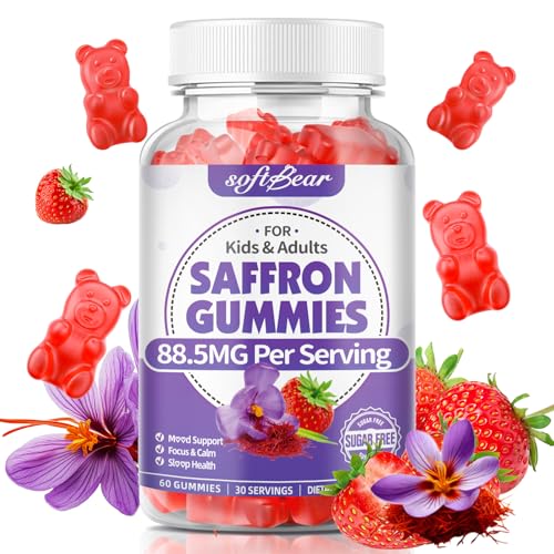 softbear Saffron Gummies for Kids & Adults, 10-in-1 Organic Saffron Supplements with 88.5mg Saffron Extract Support Calm Mind & Focus & Zzz, Sugar Free/Non-GMO, Strawberry Flavor 60 Count