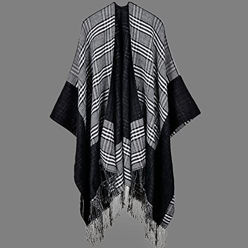 Poncho Chal Mujer,Henniu Poncho Xaile Feminino de Malha Vintage Faux Cashmere Xadrez Xadrez Borla Ov