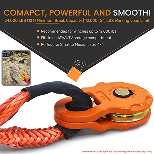 GearAmerica Smart Snatch Block for ATV or UTV (Side-by-Side) | 24,000 LBS (12T) MBC and 12,000LBS (6T) WLL | Winch Pulley for Synthetic Rope or Steel Cable up to 7/16" (11mm) & Winches up to 12K LBS