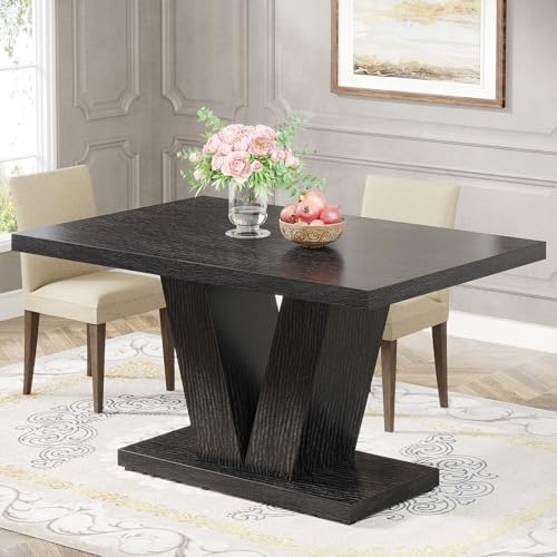 Image of Tribesigns 47-Inch Dining Table for 4, Black Kitchen Dinner Table with Heavy Duty Pedestal, Farmhouse Wooden Eating Table for Home, Dining Room, Small Space, Black