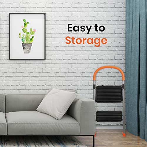 TreeLen 2-Stufenleiter, Klappbarer Metall-Tritthocker für Erwachsene, Tragbare Stahlleiter, Stabil und Belastbar, Breite rutschfeste Stufen, Leicht und Robust