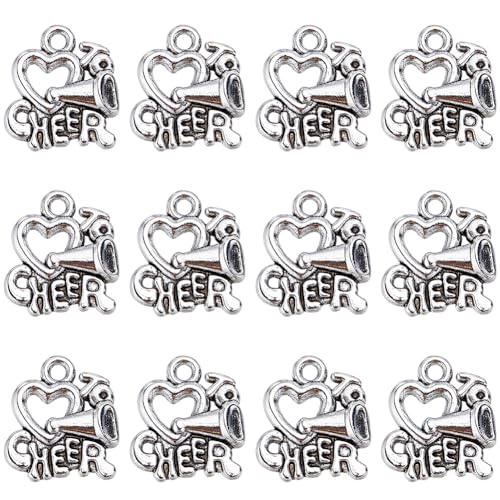 SUNNYCLUE 1 BOX 60PCS Silver Cheer Charms Cheer Megaphone Charm Cheerleader Heart Antique Alloy Love Loudspeaker Sport Charm Bulk for jewellery Making Charms Diy Earrings Bracelet Necklace Craft