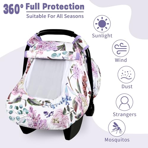 Image of Car Seat Cover Baby, HNHUAMING Infant Car Seat Covers Canopy for Baby Girl Boy, Cozy & Windproof Newborn Carseat Covers Minky Dot Backing Stroller Cover with Breathable Mesh Window, Purple Floral
