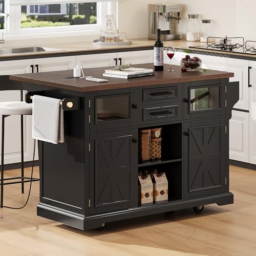 Amposei Drop Leaf Kitchen Island with Power Outlet 54.9’’ Rolling Storage Cart Cabinet on Wheels with Barn Doors, Drawers & Spice Rack (Black)