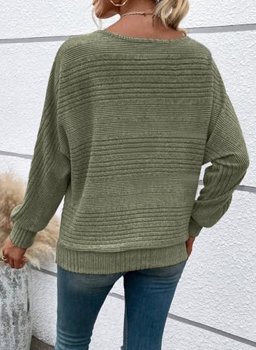 RICHSTORY Womens Fall Fashion 2025 Casual Batwing Long Sleeve Shirts Loose Crewneck Tunic Tops Soft Lightweight Sweater Green Large