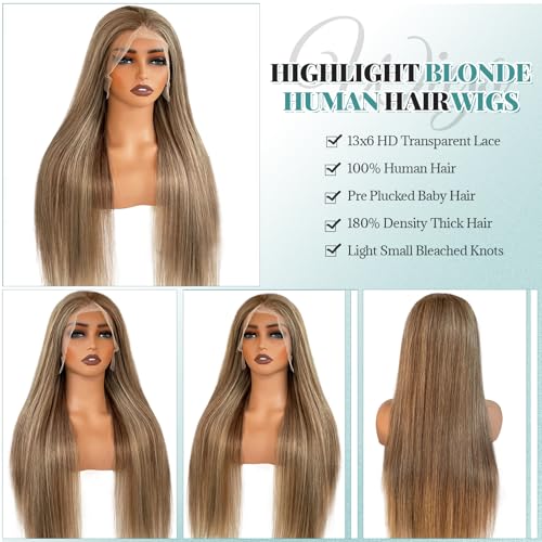Image of Munx Highlight Brown 13x6 Lace Front Wigs Human Hair for White Women, Balayage Highlighted Lace Frontal Wig Bleached Knots Ash Blonde HD Transparent Wigs Pre Plucked 18 Inch 180% Density Full Ends