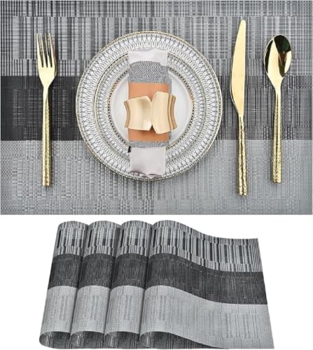 Image of Potency Table Mats Set of 6, Woven Placemats for Dining Table, Heat-Resistant, Stain-Resistant, Anti-Skid, Washable Table Mats, Vinyl Placemats for Dining, Kitchen & Restaurant Table (A Black Grey)