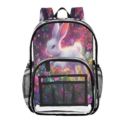 Flower Rabbit 3D Clear Backpack Heavy Duty See Through Transparent PVC BookBag for Kids Boy Girl School Work