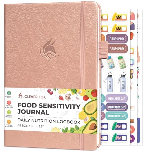 Clever Fox Diario de sensibilidad alimentaria – Registro diario de intolerancia y síntomas para SII, diabéticos, bajo mapa de datos, dieta de eliminación - Rastreador de salud (oro rosa)