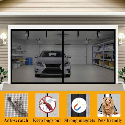 Image of Magnetic Garage Door Screen 13x7FT for 1 Car, Hands Free Screen Curtains, Retractable Fiberglass Doors Cover Closure for Garage Carport Patio Porch Gazebo Backyard Greenhouse RV (Black, 13x7ft)