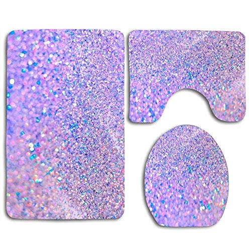 Hicyyu Elegant Silver Glitter Bath Mat Bathroom Carpet Rug Non-Slip 3 Piece Toilet Mat Set