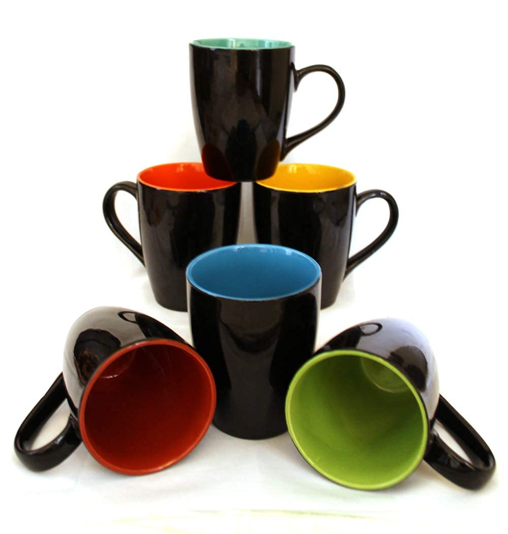 KV Crockwares Black Glossy Inside Multicolor Coffee/Tea - 300 ML Ceramic Coffee Mug Set-6