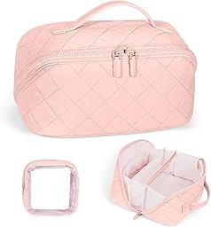 URAQT Trousse de Maquillage Femme Rose, Trousse de Toilette Grande Capacité, Sac Cosmétique de Voyage Léger Lavable en Machine avec Compartiments & Ouverture à Plat, pour Voyage Bureau Quotidien