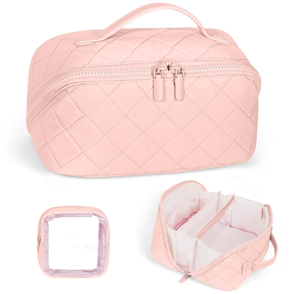 URAQT Trousse de Maquillage Femme Rose, Trousse de Toilette Grande Capacité, Sac Cosmétique de Voyage Léger Lavable en Machine avec Compartiments & Ouverture à Plat, pour Voyage Bureau Quotidien