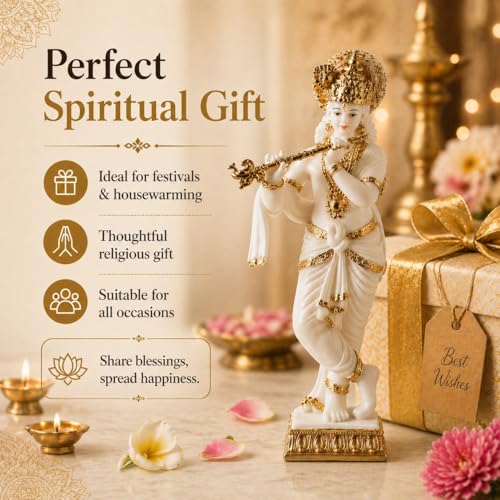 Image of ARMONIA Lord Krishna Idol Marble Dust Statue Murti |Krishana Sculpture for Home Decor,Pooja ghar,Mandir & Gifting Item |Best Gift for Wedding & Housewarming(11.8 inch,White) (Include Microfiber cloth)