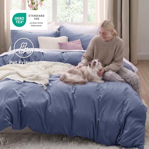 Image of Bedsure Prewashed Duvet Cover Full, Cotton-Like Bedding Set, Slate Blue