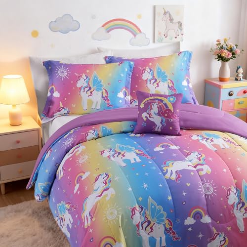 Twin Comforter Set for Girls -3 Pieces Rainbow Unicorn Twin/Twin XL Bedding Set with 1 Comforter, 1 Decor Pillow, 1 Pillow Sham