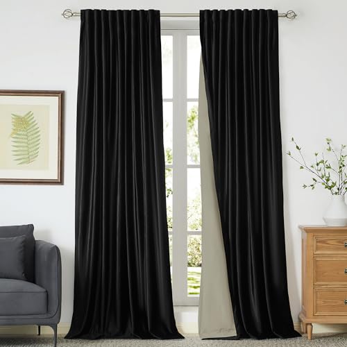 Image of 100% Blackout Black Velvet Curtains 102 inch Long for Living Room,Elegant 2 Panel Back Tab Thermal Insulated Room Darkening Curtain with Liner Heavy Noice Reducing Soundproof Window Drapes for Bedroom