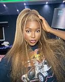 OQ HAIR Honey Blonde 360 Kinky Straight Lace Front Wigs Human Hair Hidden Straps Highlight Kinky Straight Full Lace Frontal Wigs 180% Density Yaki Straight HD Lace with Drawstring Natural 24 Inch