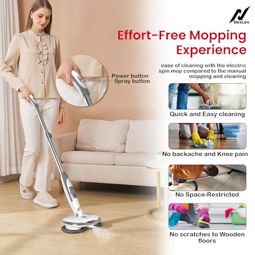 Image of NexLev Cordless Spin Mop|50 Min Runtime|2 Extra Mop Pads | Type C | For Home Kitchen & Office Use | Water Spray Function|Self Propelling|Mopping for All Floor Types|LED for Corners and Underbed|SPM-01