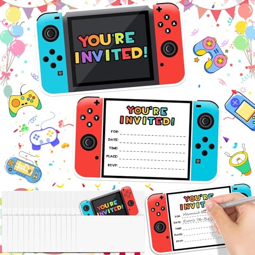 Weploda 15 peças videojogos convites de festa, cartões convite aniversário criança, cartões convite com design consola videojogos para meninas meninos (com 15 x envelope branco)