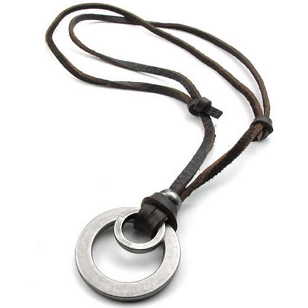 Konov Bijoux Pendentif Collier Homme - Chaîne Cuir (Réglable) - Rétro Anneaux Double - Alliage - pour Homme et Femme - Couleur Marron Argent - Avec Sac Cadeau - F22685
