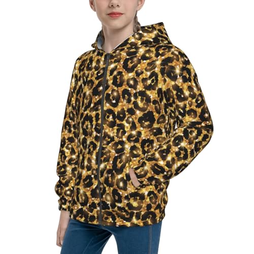 Gold Glitter Leopard Kid Hoodies Boys Zip Up Sweatshirts Girls Pullover with Pocket