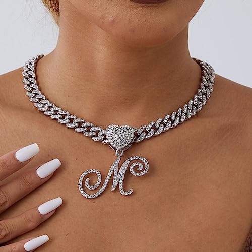 Initial Necklaces Silver Cuban Link Chain for Women Iced Out Chain with Heart Letter Pendants Custom Chain Name Necklace Hip Hop Jewelry Gift4