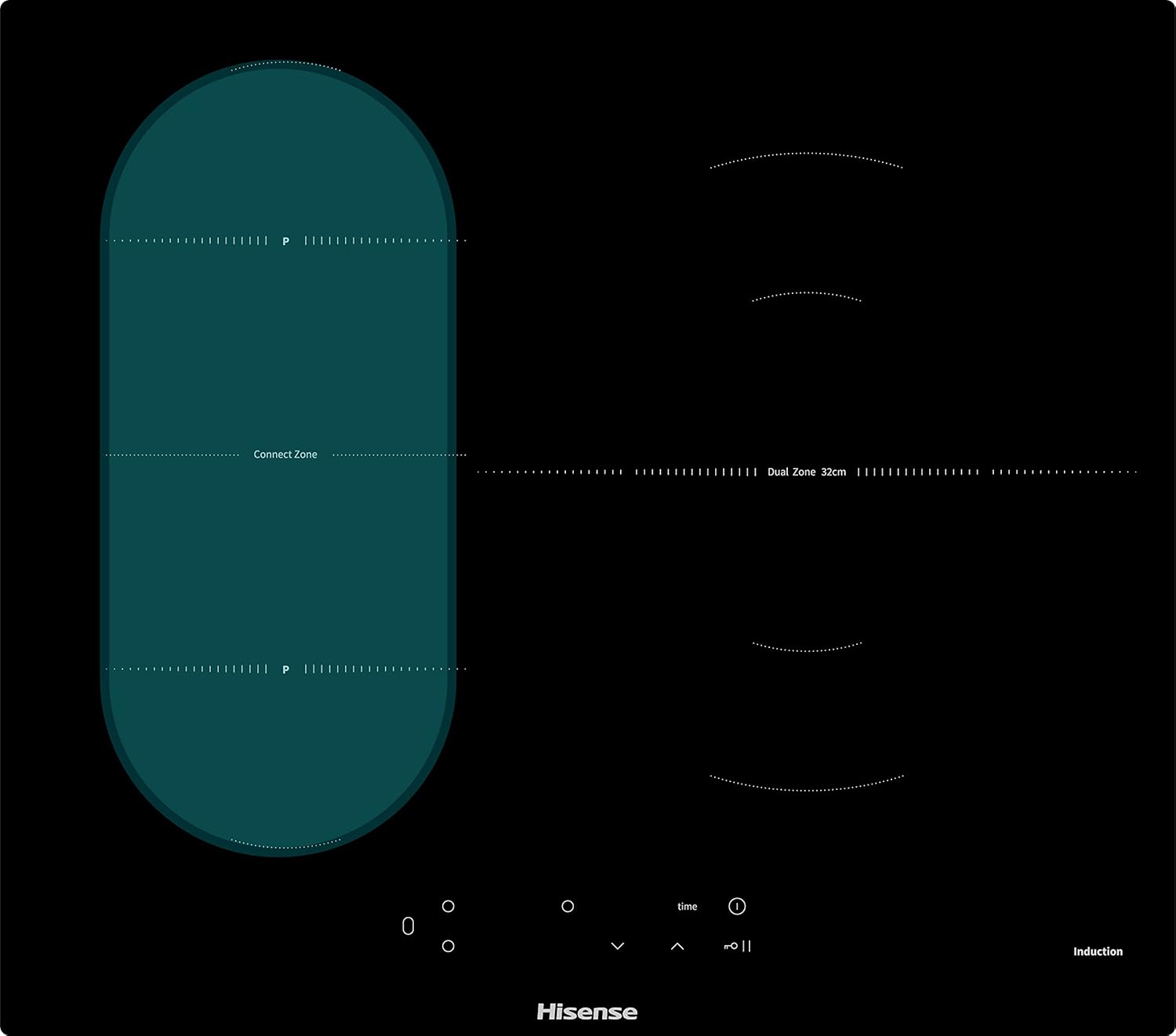 Hisense I6337C, piastra a induzione, 3 zone, 1 con faretto gigante 32 cm, 2 collegate tra larea Bridge, piano di lavoro da 60 cm, blocco per bambini e terminazione smussata.