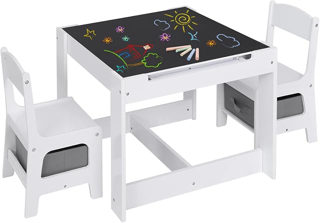 Lestarain Childrens Table and Chair Set with Storage Kids Desk with 2 Chairs Reversible Tabletop Blackboard Paper Roll, for Toddler, Nursery, Playroom, Preschool Furniture
