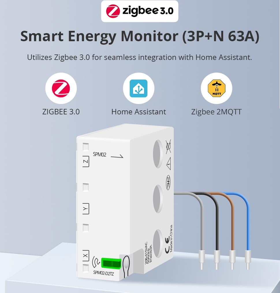 Zigbee Compteur d'énergie intelligent 3.0 triphasé 63 A, transmission de données en temps réel en HA, moniteur de puissance bidirectionnel de haute précision ± 1 %, compatible avec Homey et Home