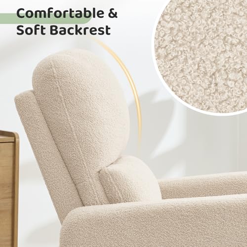 Image of Swivel Rocker Recliner, Oversized Manual Boucle Nursery Glider Rocking Recliner Chair with Removable Cushion, Upholstered Teddy Swivel Reclining Chair for Nursery Living Room Bedroom, Apricot