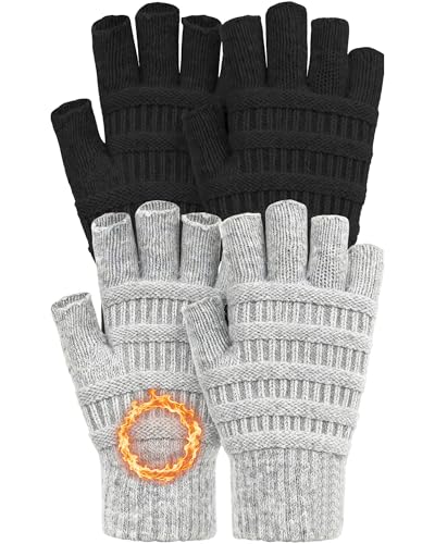 2 Pairs Fingerless Gloves for Women Men, Half Finger Mittens Winter Warm Stretch Knitted Gloves for Texting Typing Driving Working Christmas Gifts
