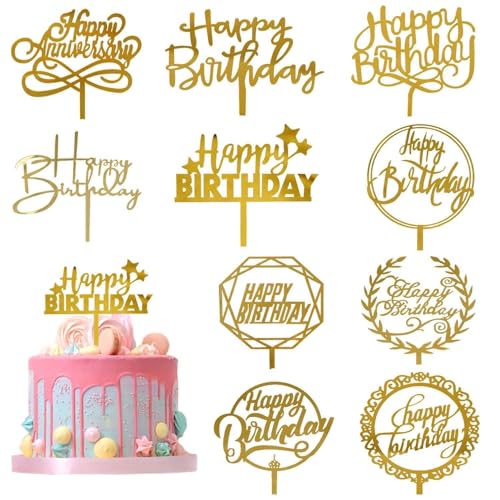 YUBBYSTU 10 Pièces Topper Happy Birthday, Acrylique Cupcake Topper Joyeux Anniversaire, différentes formes pour faire briller les gâteaux d'anniversaire (Or）