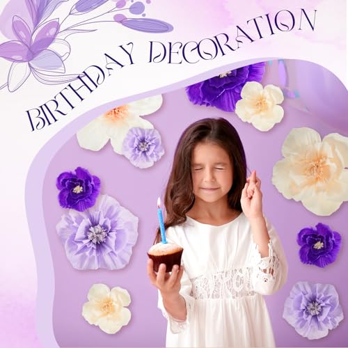 Image of Cholemy 24 Pcs Tissue Paper Flowers, Crepe Paper Flowers Decorations 8 inch 10 inch 12 inch for Wedding Party Baby Bridal Shower Carnival Party Birthday Nursery Wall Decor (Purple,Light Purple,White,Beige)