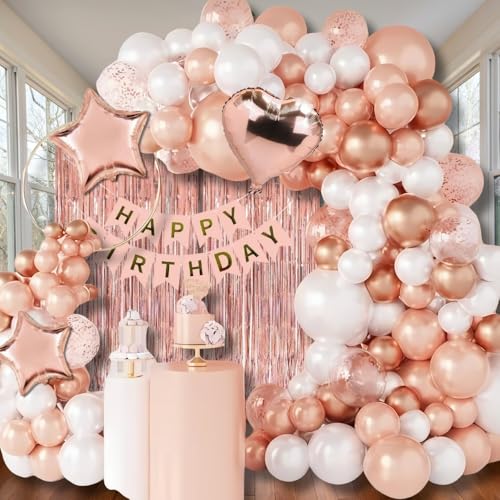 Image of Shimmers 54 Pc Birthday Decoration Combo with Happy Birthday Banner, Rose Gold & White Metallic Balloons, Tinsel Curtains, Heart & Star Foil Balloons, Glue Dots & Arch Roll for Party Decoration Setup
