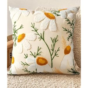 Embroidered Throw Pillow Cover - 18x18 Outdoor Decorative Pillow Covers with Zipper for Couch Sofa Bedroom Aesthetic White Daisy Soft Cozy Cotton Pillowcase Covers with Patterned Embroidered Throw Pillow Cover 18×18 Outdoor Decorative Pillow Covers with Zipper for Couch Sofa Bedroom Aesthetic White Daisy Soft Cozy Cotton Pillowcase Covers with Patterned