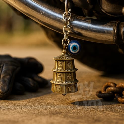 Image of Tiny Tim Guardian Bell with Evil Eye Charm - Protective Motorcycle & Car Accessory - Tibetan-Inspired Design - Wards Off Negative Energy - Ideal Gift for Bikers & Travelers