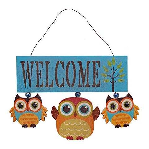 Rainbow Handcrafts Wood Owl Hanging Welcome Sign Owl Art Door Wreath Wood Owl Ornament Primitive Country Front Door Decoration Kitchen Bathroom Porch Patio Garden Outdoor Wall Decoration (Blue) Cover
